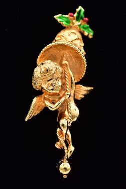 Corel Vintage Angel Cupid Pin Brooch Bell Gold Tone Holly Berry Signed BinAH